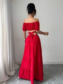 Women's Dresses, Printed Maxi Dress With Off-The-Shoulder And Waist Detail, Retro Resort-Style Dress With A Fitted Waist, Boho-Style Maxi Dress That Slims The Silhouette. - Xem 9