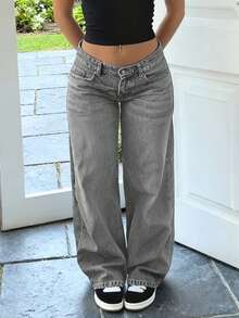 MYOURSA Y2K Low Waist Casual Wide Leg Jeans - Light Grey - View 5