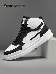 أحذية رياضية عالية الرقبة بتصميم أبيض وأسود متباين مع أربطة، أحذية كاجوال مريحة للارتداء اليومي والتنقل والخروج - أبيض وأسود - مشاهدة 6