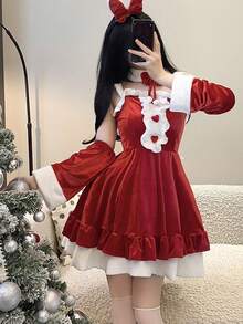 性感内衣圣诞连衣裙新年红色甜美洛丽塔套装可爱纯风锚表演服装包括：发带、颈环、连衣裙和双手袖套。 - 紅色 - 查看 10