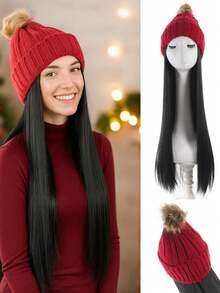Long Straight Hat Wig, Synthetic Wig With Elastic Knitted Hat Wig - Wool Hat Wig, High Temperature Fiber, Natural Shape, Suitable For Daily Wear, Autumn And Winter Basic Warm Ski Hat - Black - View 1