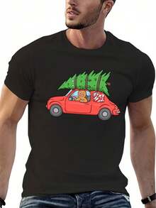 Men'S Funny Christmas T-Shirt - Black Holiday Tee With Gingerbread For Man Driving Red Car & Tree - Soft Machine-Washable Fabric, Regular Fit Short Sleeve Shirt For Casual Parties & Family Gatherings - Festive Graphic Print With Holly & Snowflakes - - Black - View 1