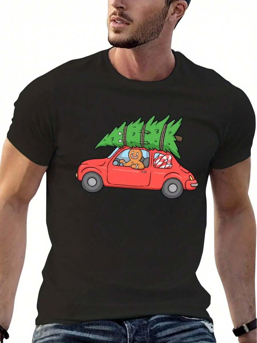 Men'S Funny Christmas T-Shirt - Black Holiday Tee With Gingerbread For Man Driving Red Car & Tree - Soft Machine-Washable Fabric, Regular Fit Short Sleeve Shirt For Casual Parties & Family Gatherings - Festive Graphic Print With Holly & Snowflakes - - Black - View 1