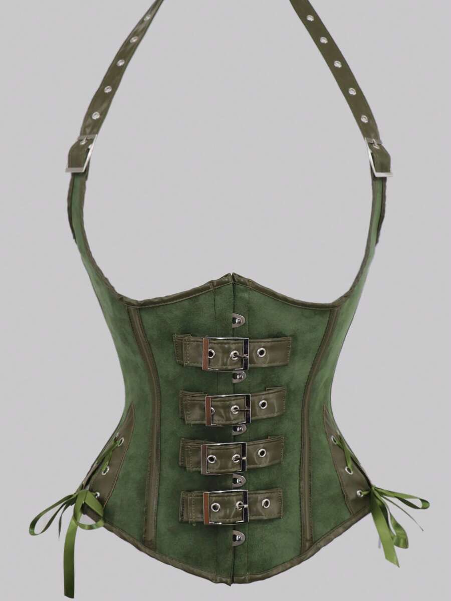 1pc Women's Halter Neck PU Leather Waist Cincher Punk Style Leather Corset Top, Waist Slimming - Army Green - View 1