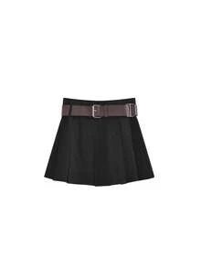 复古学院风短款百褶裙，收腰设计，配腰带 - 黑色 - 查看 5