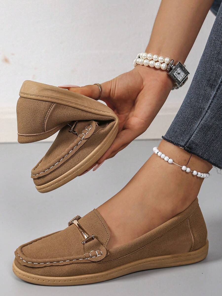 Fashionable Slip-On Casual Shoes For Teens, Brown Color, Simple Design With Metal Buckle Decor, Comfortable & Non-Slip, Easy To Match - Brown - View 1