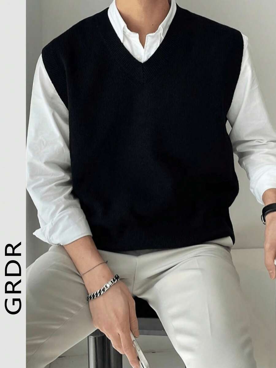 Chaleco de punto casual y versátil de unicolor con cuello en V para hombre GRDR