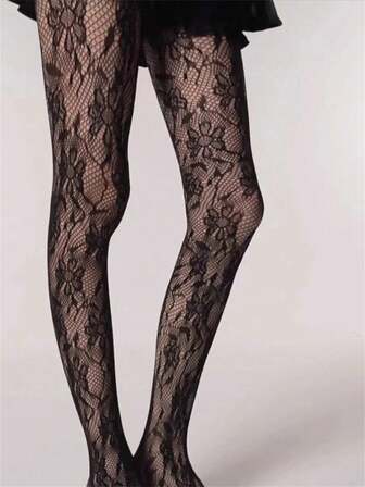 1 双女士黑白花卉蕾丝图案透明网纱细节柔软尼龙舒适透气优雅时尚连裤袜，适合派对、约会、日常穿着、春季、夏季和季节性时尚场合。