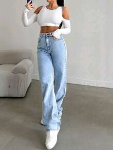 Women's Front Pocket Straight Leg Casual Jeans, Solid Color Minimalist Relaxed Fit Jeans For Everyday Wear Spring - Light Wash - View 3