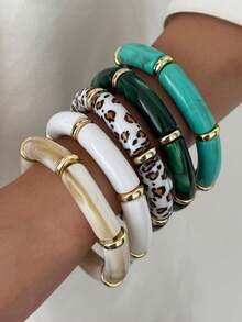 3 件装复古亚克力竹珠堆叠手链，简约时尚女士弹性袖口手链，适合日常佩戴、派对和度假，装饰首饰套装 - 3件套手鍊 - 查看 5