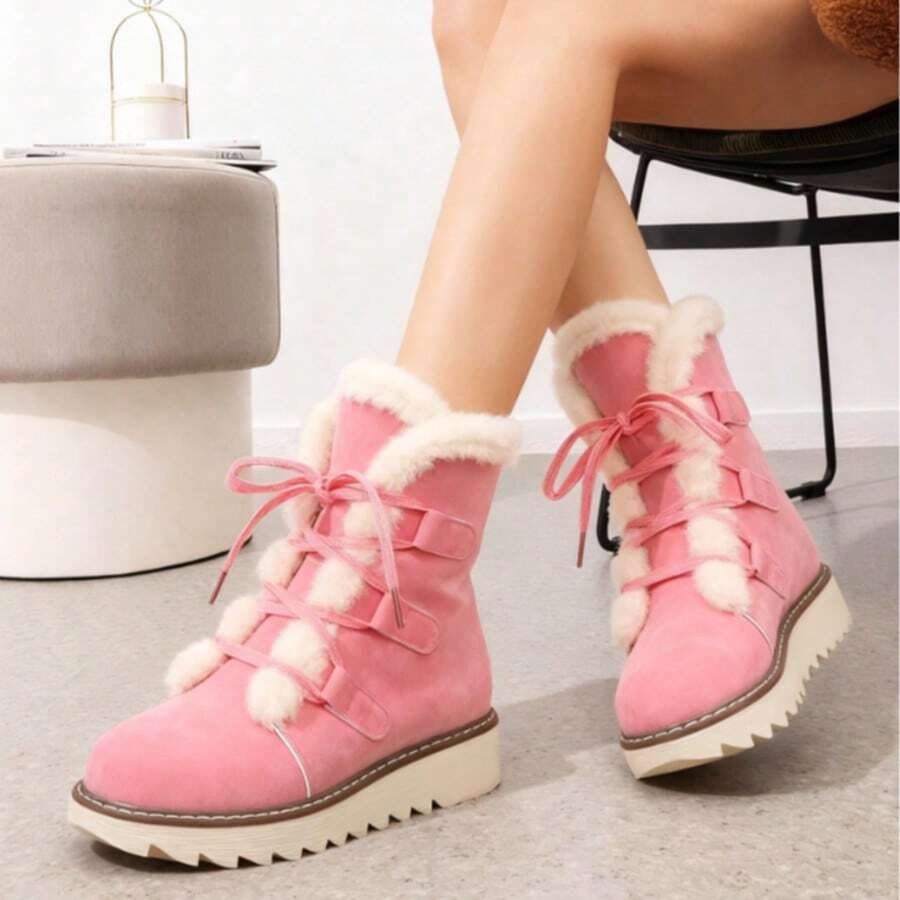 2025 Autumn And Winter Sweet And Cute Retro Style Fleece-Lined Snow Boots, Thick-Soled And Warm Design, Suitable For Snowy Days, Shopping, Commuting And Daily Streetwear - 粉色 - 查看 1