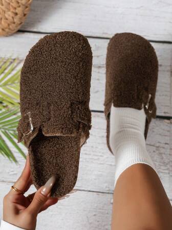 Women's Plush Slip-On Slippers - Soft Fabric Upper And Lining, Shock-Absorbing PVC Sole, Suitable For Indoor And Outdoor Wear, Casual Home Slippers - Beige