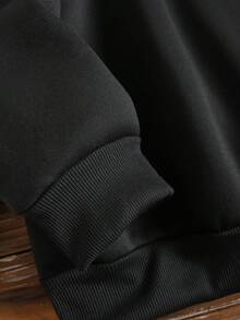 Women's Black Long Sleeve Hooded Pullover Sweatshirt, Graphic Print, Knit Fabric, Regular Length Pullover Sweatshirt