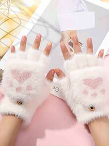 Plush Cat Paw & Bear Paw Design Fingerless Flip-Top Knitted Warm Gloves, Thickened - Multicolor - View 7