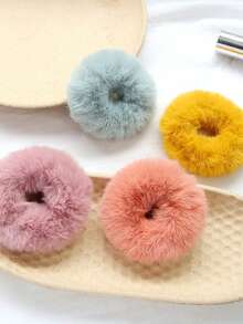 1对，随机颜色毛绒发圈 - 糖果色毛绒发圈和发绳，双马尾发带，简约毛绒发饰，适合丸子头，高弹力发圈和橡皮筋，发圈，橡皮筋，发绳 - 彩色 - 查看 3