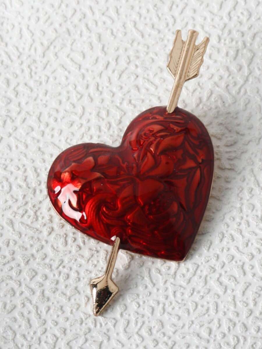 1pc Arrow Piercing Heart Shaped Oil Drop Brooch Pin, Fashionable & Versatile Heart Brooch - Red - View 1