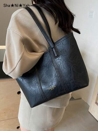Women's Elegant Vintage Minimalist Large Capacity Tote Shoulder Handbag, PU Leather, Versatile For Commuting, Autumn/Winter