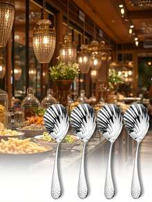 1pc/4pcs High Quality Stainless Steel Thick Creative Serving Spoon/Long Handle Hammered Shell Polished Spoon, Suitable For Home Kitchen, Restaurant, Hotel, Party, Thanksgiving, Elegant & Sophisticated Design, Large Soup Ladle, Mixing Spoon