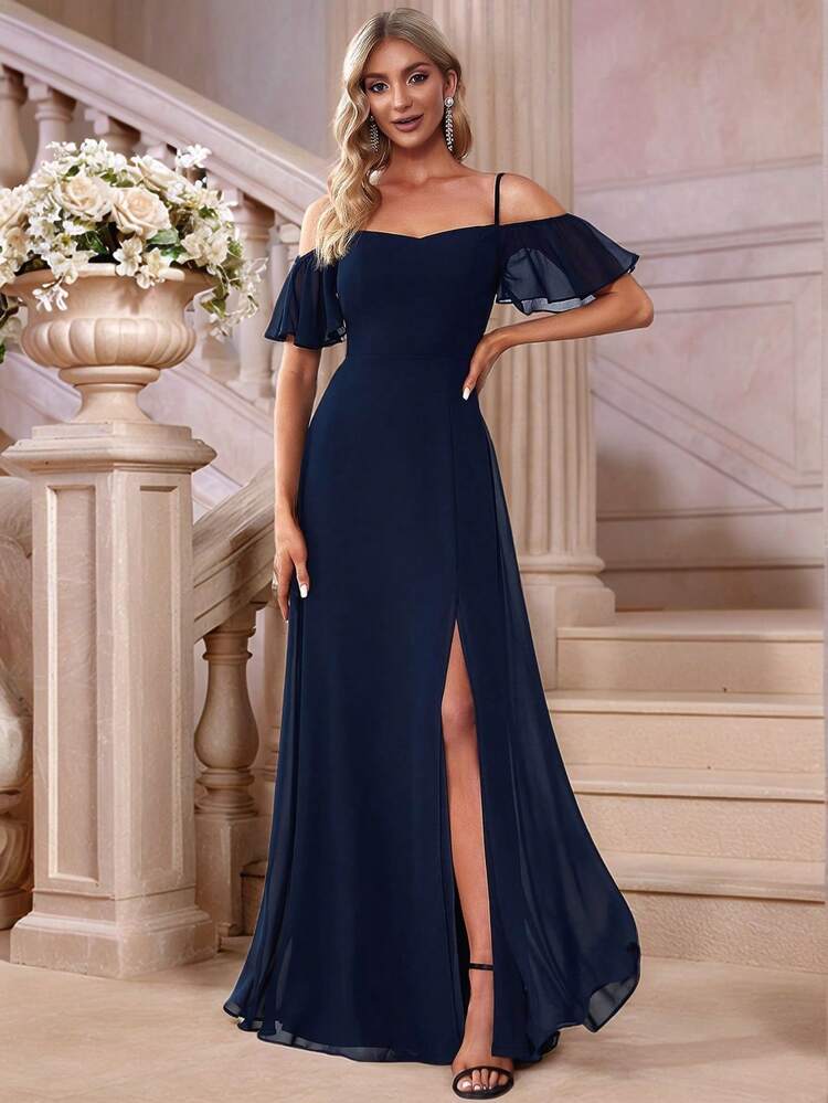 EVERPRETTY Elegant Open Shoulder Chiffon Long Bridesmaid Dress, Suitable For Weddings And Graduation Ceremonies Spring