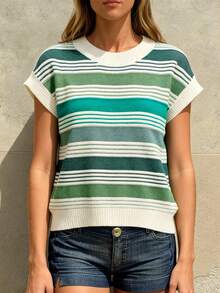 Womens Loose Knit Vest Colorful Stripes Print Sleeveless Crew Neck Tank Tops Fall Sweaters - Green - View 6