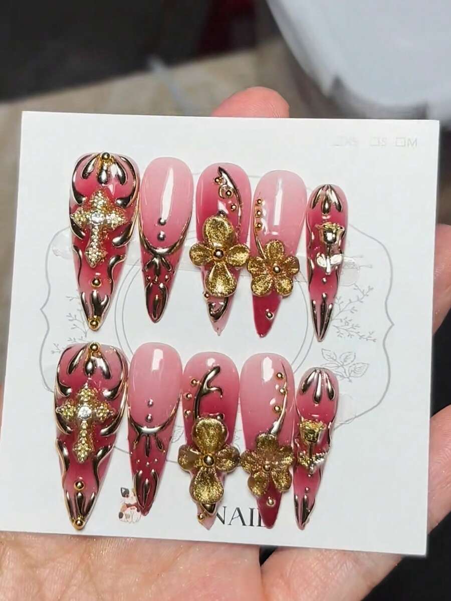 10片装奢华3D金属长尖头美甲贴纸,粉色渐变金色3D花卉设计,手工制作,Y2K少女风,高端品质,适合日常佩戴或派对,女士假指甲 - 粉色 - 查看 1