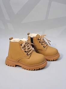 时尚保暖内衬厚童靴，儿童踝靴，幼儿宝宝雪地靴，男童女童短靴，复古风格 - 黃色 - 查看 3