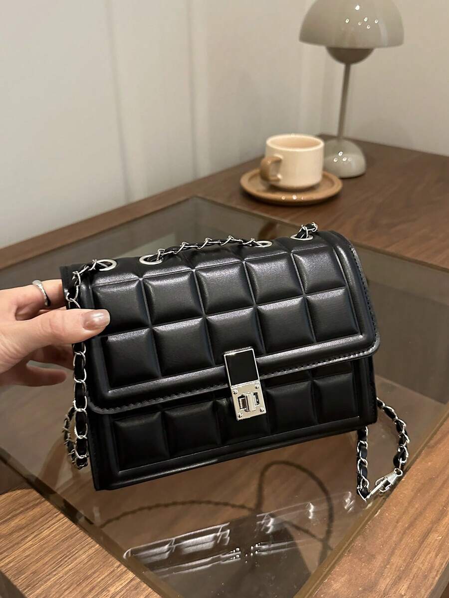 时尚新款格纹压花迷你单肩包，街头链条斜挎包，简约通勤扭扣小方包，女士 - 黑色 - 查看 1