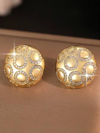 一对华丽复古圆形立方氧化锆耳钉，优雅高贵的金色圆球耳环，适合日常通勤、宴会、派对、新娘珠宝配饰及礼品。