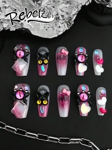 10 Hand-Pressed Coffin-Shaped Nails, Fake Nails, DIY, Halloween Nails,3D Colorful Cat Heart Bow, Transparent Gradient Nail Surface Creates Rebellious Yet Sweet Fingertip Fashion, Suitable For Girls And Ladies To Reusable Nail Art Supplies In Weddings, Parties, Holiday Scenes, Gift A Nail Kit - Hot Pink - View 3