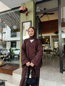 Bộ 2 món áo khoác rộng và quần ống rộng thanh lịch & thời trang dành cho nữ, trang phục Hồi giáo thoải mái, phù hợp cho đi làm và mặc thường ngày vào mùa xuân. - Gỗ đỏ - Xem 8