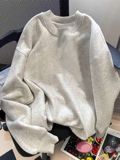 Youth Black Solid Color Lightweight Blank Sweatshirt, Versatile Loose Fit Crew Neck Long Sleeve Casual Pullover, Fleece Fabric, Sweatshirt, Teen Boys Gifts