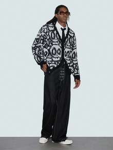 Modcrash Men's Street Style Skull Print Button-Down Casual Loose Fit Long Sleeve V-Neck Cardigan, Autumn/Winter - Black - View 1