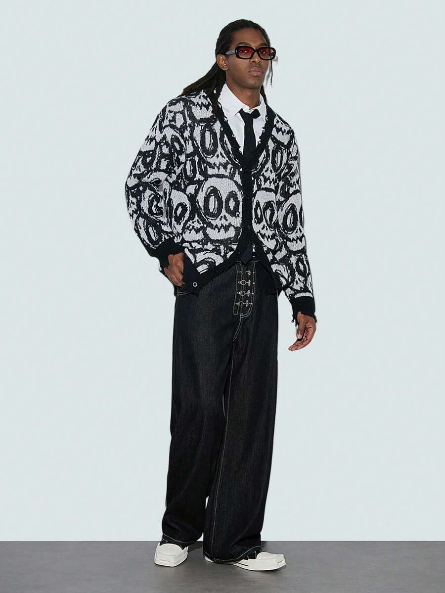 Modcrash Men's Street Style Skull Print Button-Down Casual Loose Fit Long Sleeve V-Neck Cardigan, Autumn/Winter - Black - View 1