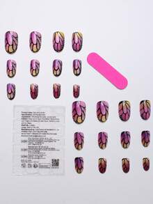 24片简约可爱椭圆形短款美甲贴片，彩色猫眼、格子图案，闪亮人造指甲，适合派对和日常佩戴，附赠果冻胶和指甲锉。 - 彩色 - 查看 4