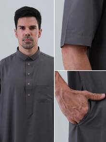 AL HARAMAIN 男士卡塔尔风格长袍，最新热销高端男士阿拉伯长袍，柔软不起球面料，时尚短袖立领四粒扣设计，祈祷长袍，男士优雅阿拉伯长袍 - 柔软长袖祈祷长袍，可机洗，适合所有季节和宗教场合，圆领设计，质地顺滑，男士正装，男士传统阿拉伯长袍，卡塔尔风格设计 - 深灰色 - 查看 2