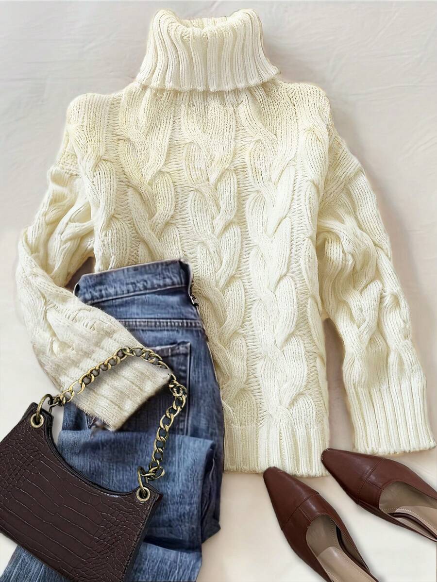 Áo len dệt kim tay dài cổ cao họa tiết dây thừng xoắn màu nâu thanh lịch thời trang thu đông thoải mái, dễ chịu, trang phục mùa thu cho nữ, trang phục mùa đông cho nữ, áo thu, trang phục công sở, trang phục thường ngày cho nữ