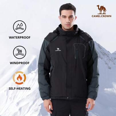 CAMEL CROWN 男士防水保暖滑雪服，带可拆卸帽子，蓬松抓绒内衬，冬季款