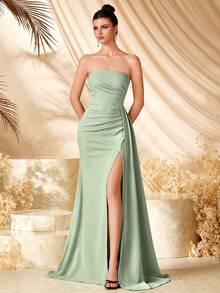 ADYCE 优雅无肩带高腰高开衩长款缎带露背蕾丝连衣裙，适合舞会、婚礼宾客、返校节、约会之夜、正式晚宴、生日派对、节日派对、家庭派对等各种场合。 - 綠色 - 查看 6