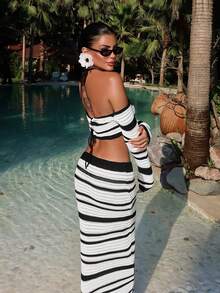 Women Off-Shoulder Halter Tie-Up Contrast Stripe Hollow-Out Cropped Fitted Top And Elastic Waist Bodycon Maxi Skirt Knit Set - Black and White - View 4