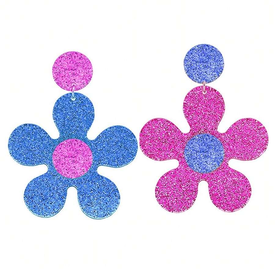 ONLYJUMP Vintage 60s 70s Flower Earrings - Colorful Floral Big Acrylic Daisy Dangle For Women - Lily Petals Hawaii Plant Statement Fashion Jewelry,GlitterBlueRoseRed - 閃亮藍玫瑰紅 - 查看 1