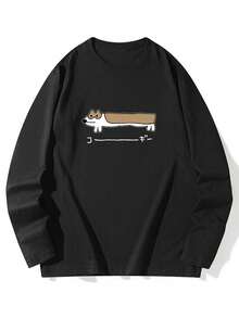 女士宽松日式猫咪印花长袖纯棉T恤，春秋季百搭 - 黑色 - 查看 4