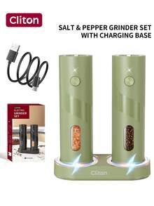CLITON 2pcs Electric Salt And Pepper Grinder Set - Automatic Salt And Pepper Grinder Set, Rechargeable - Electronic Salt And Pepper Shakers With LED Light, Electric Pepper Mill And Salt Grinder, One-Handed Operation, Automatic Grinder With Charging Base And LED Light