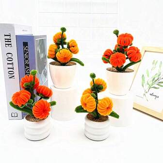 1 Set Crochet Twist Stick 5pcs Mini Pumpkin Potted Plants, Tabletop Decor For Thanksgiving, Valentine's Day, Wedding, Halloween, Party, Hotel, Mother's Day And Other Occasions, Suitable For Dining Table, Living Room, Bedroom, Desk