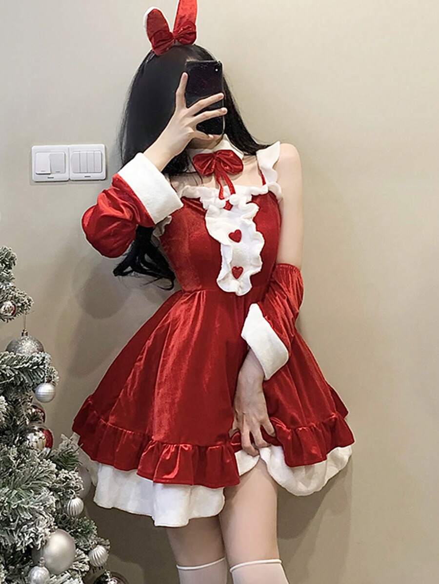 性感内衣圣诞连衣裙新年红色甜美洛丽塔套装可爱纯风锚表演服装包括:发带、颈环、连衣裙和双手袖套。 - 紅色 - 查看 1