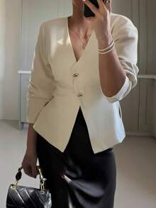 FOR BEAUTY V-Neck White Long Sleeve Knit Cardigan, Women/Girls New Fashion Elegant Soft Solid Color Jacket, Versatile For Daily, Commute, Casual, Loose Fit, Sweater Top - White - View 1