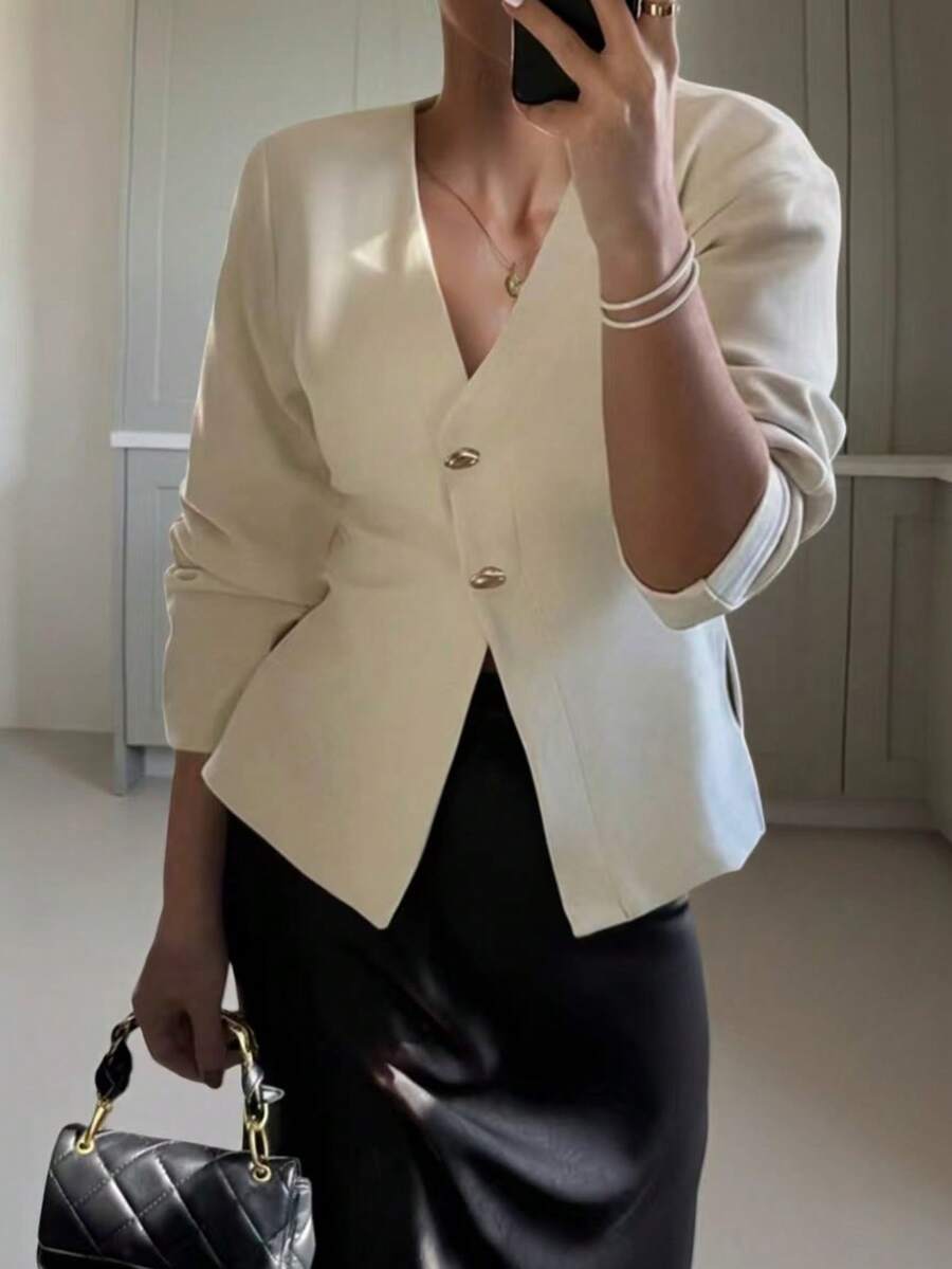 FOR BEAUTY V-Neck White Long Sleeve Knit Cardigan, Women/Girls New Fashion Elegant Soft Solid Color Jacket, Versatile For Daily, Commute, Casual, Loose Fit, Sweater Top - White - View 1