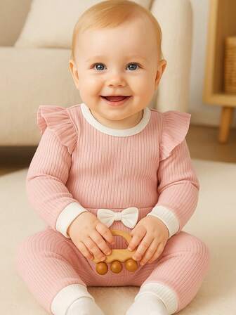 Hibobi Baby Girl Sweet Ruffle Mameluco de manga larga de dos piezas