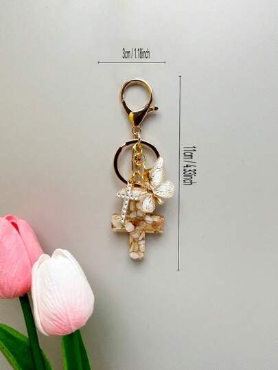 十字蝴蝶包饰 - 精致树脂贝壳镶嵌及水钻点缀，手提包钥匙扣，女士时尚配饰