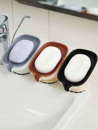 1pc Oval Plastic Soap Dish With Drainage Function, Suction Cup Soap Holder For Bathroom, Detachable And Easy To Clean Soap Tray, Countertop Sink Rack Without Holes
