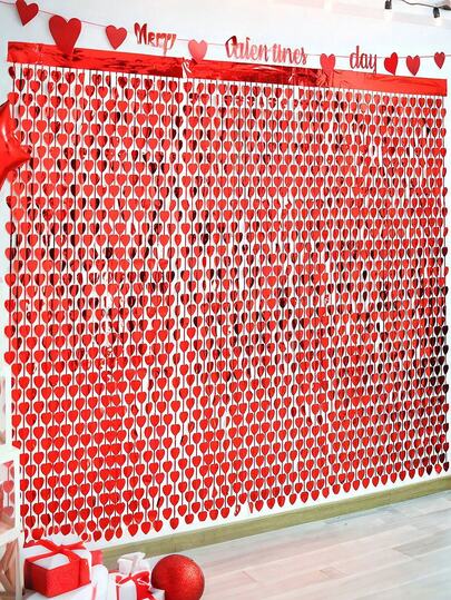 2 piezas Decoraciones del Día de San Valentín, Decoración de fiesta de San Valentín, Cortina de flecos con forma de corazón rojo de alambre metálico de 3.3x6.6 pies, Fondo de cinta para fotografías del Día de San Valentín, cumpleaños, compromiso, boda